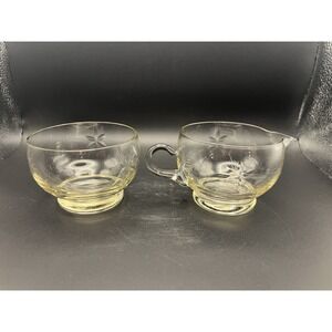 VTG Mid Century Etched Starburst‎ Glass Cream And Sugar Set